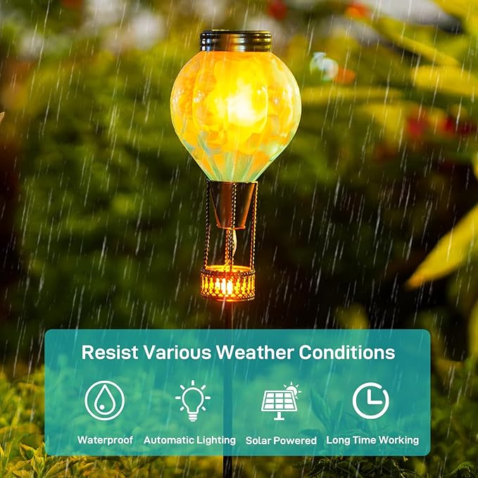Solar Garden Lights Outdoor with Hot Air Balloon Stake Garden Lights Solar Waterproof Flickering Lantern Lawn Pathway Patio Decor（Blue）