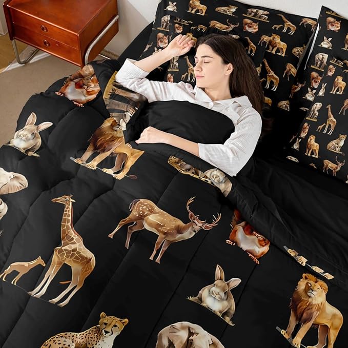 jejeloiu Zoo Animal 7 Piece Bedding Set for Girls Boys Kids Twin Size Cute Giraffe Bed in a Bag Room Decor Cartoon Animal Comforter Set with SheetsPillowcases &amp Cushion Cover Black Brown Microfib