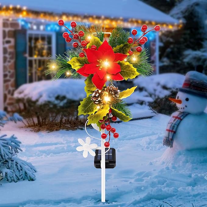 Solar Christmas Decorations Outdoor 32 Inch Solar Christmas Cross Stake Lights Waterproof Grave Decorations with Poinsettia Flower Pinecones Red Berries for Garden Yard Patio Lawn Cemetery