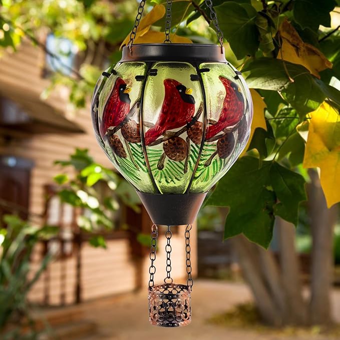 Cardinal Solar Hot Air Balloon Lantern with Flame Glass Balloon Solar Lantern Outdoor Waterproof Hanging Hot Air Balloon Solar Light Cardinal Gifts for Mom Woman Christmas