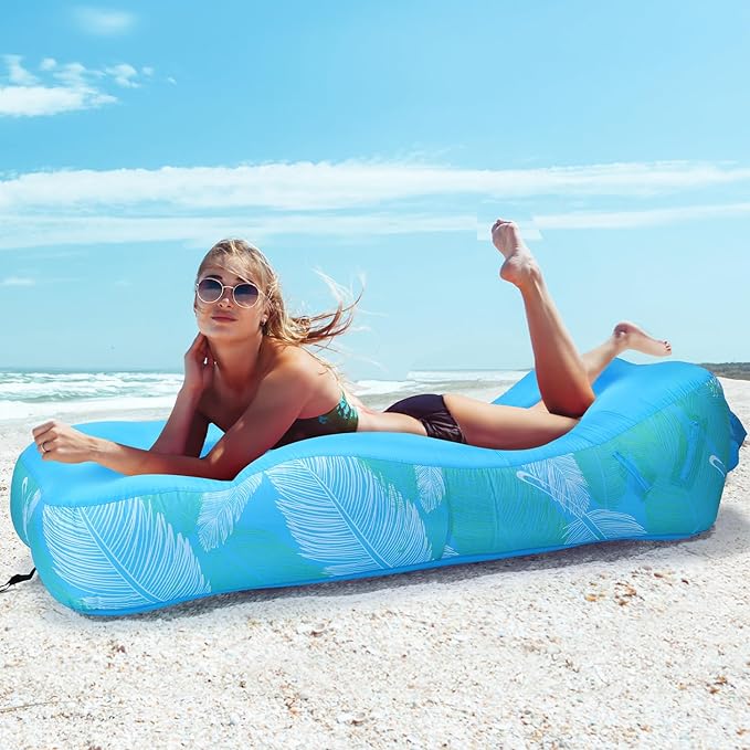 Inflatable Lounger Air Sofa with Sunshade for Adults Inflatable Couch with Mesh Back for Camping Sky Blue Feather