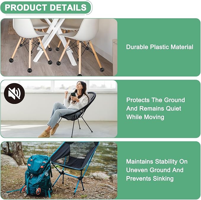 4-Pack Camping Chair Foot Pads 13mm Rubber Anti-Sinking Folding Camp Chair Replacement Feet for Fishing/Hiking/Picnic/Hardwood Floors/Tile/Outdoor Chair Leg Caps [Black]