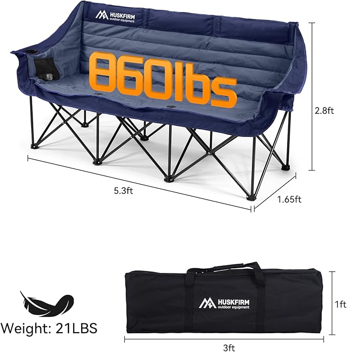 3 Person Camping Chairs Folding Double Camping Chair Portable Oversized Loveseat Padded Camp Chair Heavy Duty Camping Couch for Adults Outdoor Lawn with Two Cup Holders and Carry Bag Blue