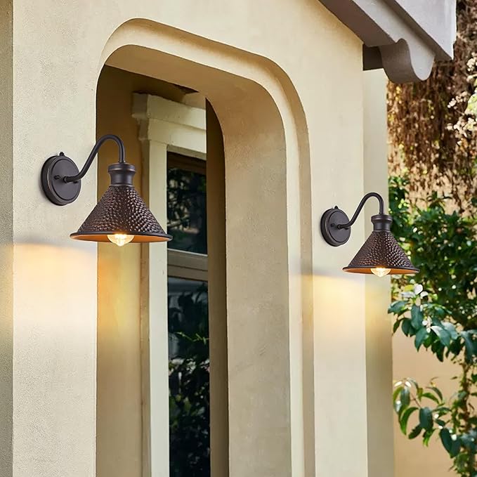 Dusk to Dawn Outdoor Gooseneck Wall Sconce with Dark Sky Cast Hammered Aluminum Shade in Oil Rubbed Bronze FinishAnti-Rust Waterproof Outdoor Light for Farmhouse Porch Garage1-Light E26