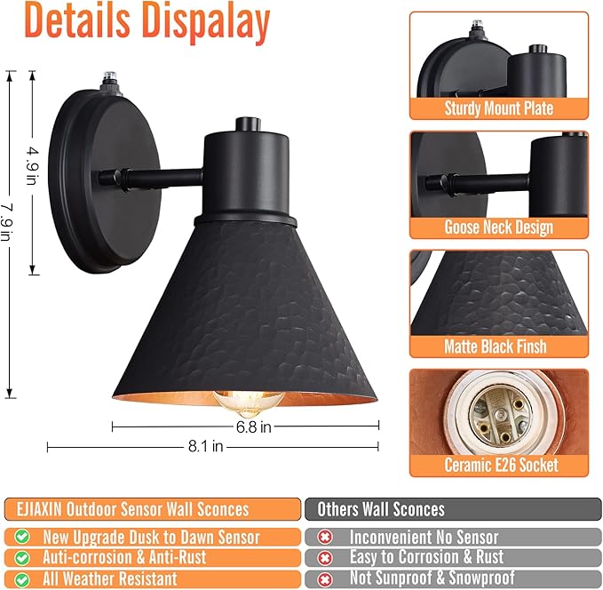 2 Pack Dusk to Dawn Outdoor Wall Sconces Exterior Farmhouse Barn Light Vintage Black Outside Wall Lighting Fixture with Hammered Shade Anti-Rust Waterproof Outdoor Light for House Porch Garage