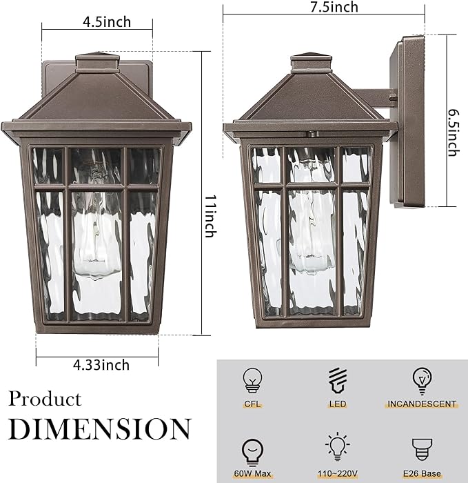 Darkaway Outdoor Sconce Lights Wall Light Fixtures Exterior Porch Light Outdoor Sconce Anti-Rust Waterproof Aluminum Outside Light with Water Ripple Glass for Patio Yard Doorway Garage