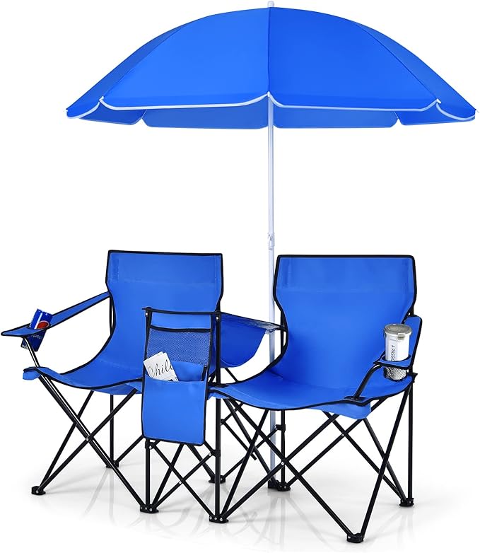 COSTWAY Double Portable Picnic Chairs Folding Camping Chairs w/Detachable Umbrella Cooler Bag Cup Holders Patio Beach Camping Chairs for Outdoors Blue