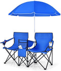 COSTWAY Double Portable Picnic Chairs Folding Camping Chairs w/Detachable Umbrella Cooler Bag Cup Holders Patio Beach Camping Chairs for Outdoors Blue