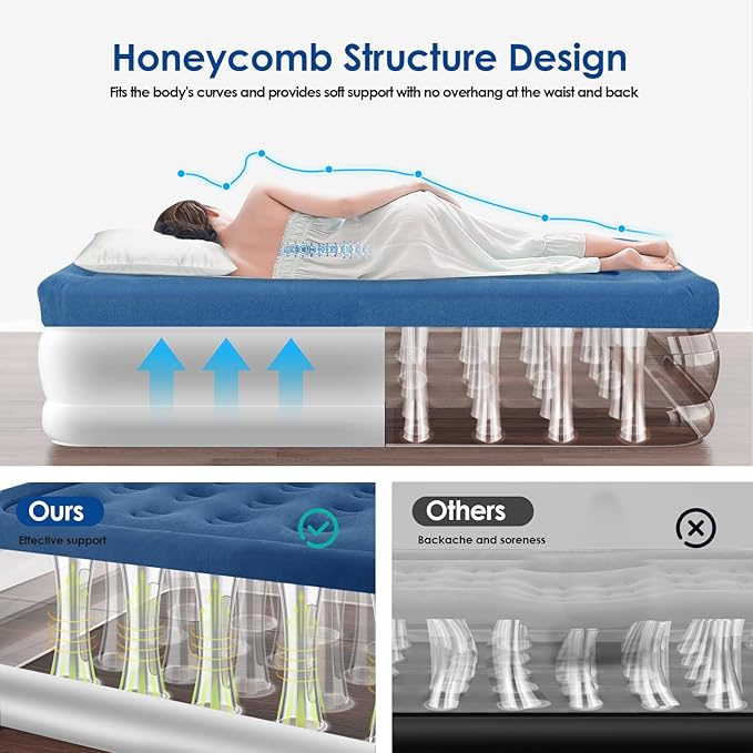 MoKo Air Mattress Queen with Built in Pump 18'' Luxury Inflatable Mattress 3 Min Fast Blow up Mattress with Dual-Chamber Comfort Top - Velvety Air Bed for Home Camping Travel Guests White/Blue