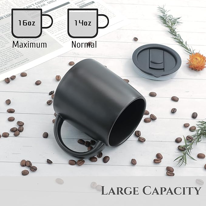 Classic Mug 14 oz Large Coffee Mug with Handle Ceramic Porcelain Tea Cup Smooth Matte (Sliding Lid Set of 2 White and Black)