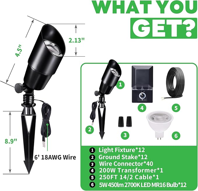 Outdoor Low Voltage Lighting Kit with 12 Pack Black LED Landscape Spotlight and 200W Transformer and 250FT Cable and 40 Wire Connectors Waterproof Aluminum Fixture for Lawn Yard Home