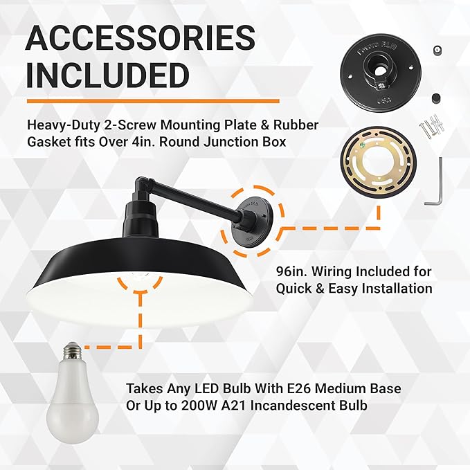 17in. Satin Black Outdoor Gooseneck Barn Light Fixture With 13in. Long Extension Arm - Wall Sconce Farmhouse Vintage Antique Style - UL Listed - 9W 900lm A19 LED Bulb (5000K Cool White)