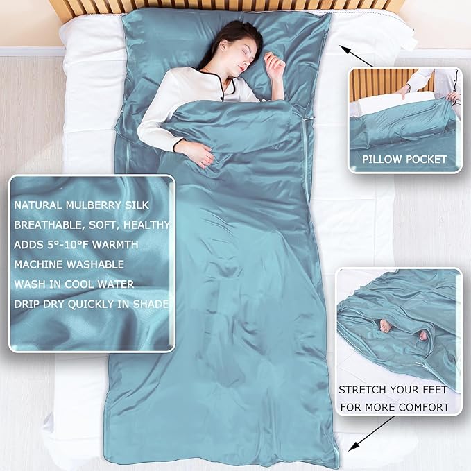100% Silk Sleep Sack with Zippers on 3 Sides 87”x43” Large Sleeping Liners for Hotels Travel &amp Camping Multifunctional Travel Sheets (Unzipped:87”x87”) for Adults Lightweight All Seasons