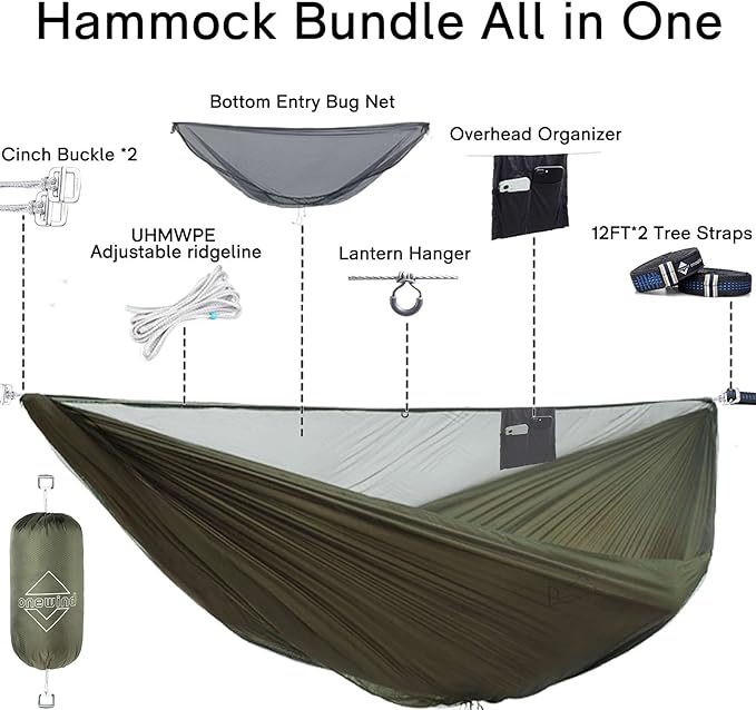 OneWind 11ft Portable Camping Hammock with Mosquito Net Adjustable Ridgeline Double Hammock with 2*12Ft Tree Straps Coyote Brown