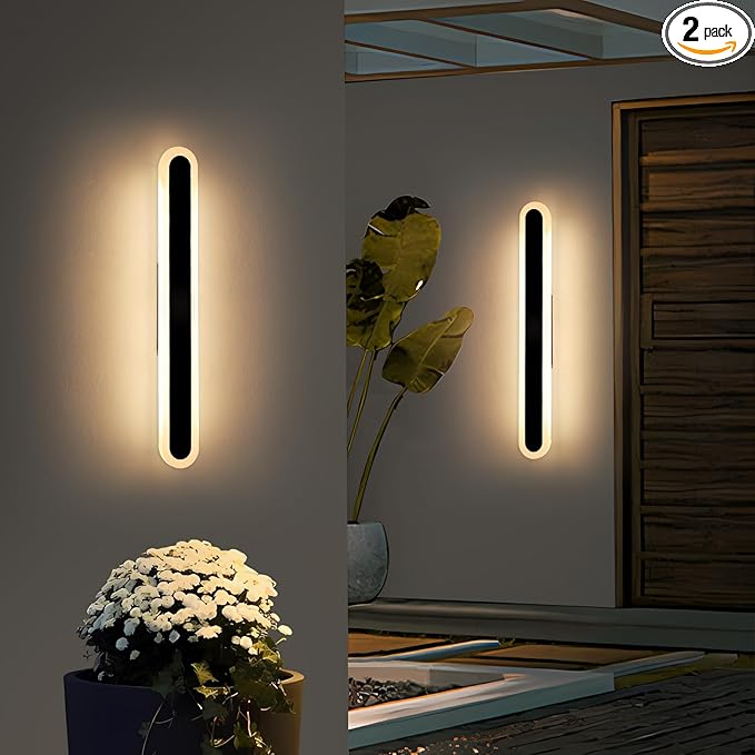 2 Pack 23.6inch Exterior Wall Light Fixture Long Outdoor Modern LED Wall Lights 3 Color 3000K/4500K/6000K 24W IP65 Waterproof Oval Outside Porch Lighting for House Garage Fence Garden