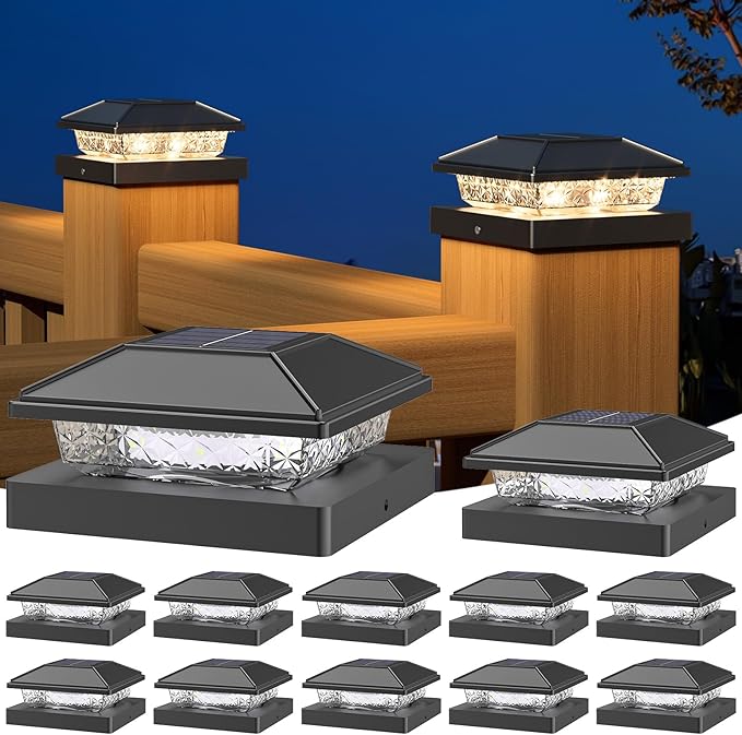 NIORSUN Solar Post Lights Outdoor Fence Post Solar Lights Warm White Waterproof Garden Patio Fence Deck Decor 4x4 Posts Cap Wood Vinyl Black 12 Pack