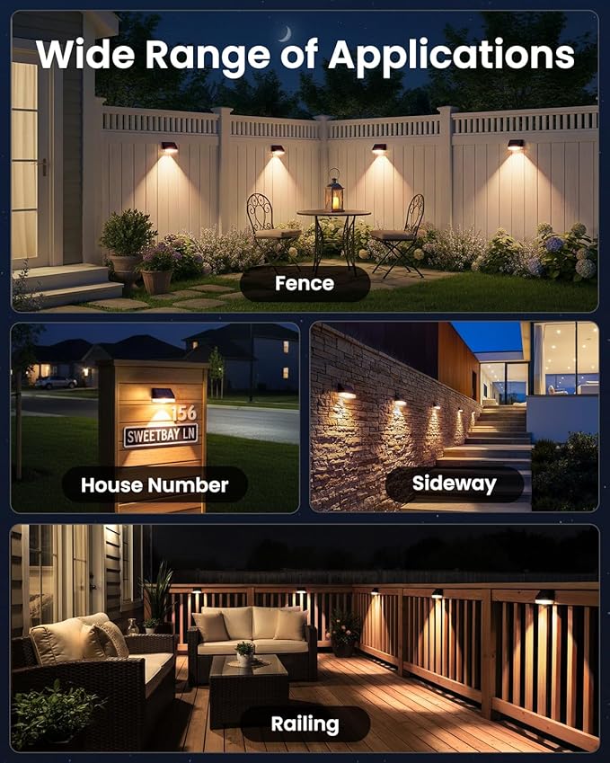 VOLISUN Fence Lights Solar Powered 8 Pack Dusk to Dawn Solar Fence Lights Outdoor Waterproof with Warm White LED Spot Lens Solar Light for Fence Yard Wall Backyard Railing Deck and Patio