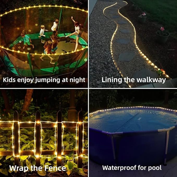 YEGUO Solar Valentines Light Outdoor Waterproof 66ft 200 LED Warm White Rope Lights 8 Modes Tube Christmas String Lights in Clear Thin Tube