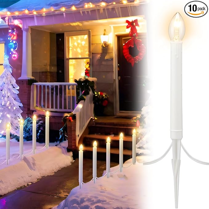 10 Pcs Christmas C7 Pathway Lights Outdoor Candle Lights with Stakes 19.5 ft Pathway Candles with 12 Pcs C7 Bulb for Outside Yard Driveway Sidewalk Decorations