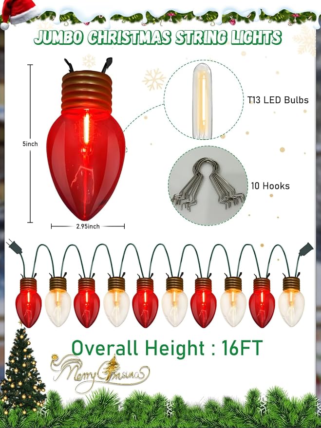 SUNSGNE Jumbo Christmas Lights Outdoor 16FT Red and White Christmas Lights with 10 Count 5'' Clear Glossy LED Bulbs for Home Tree Roof Yard Garden Patio Balcony Decorations
