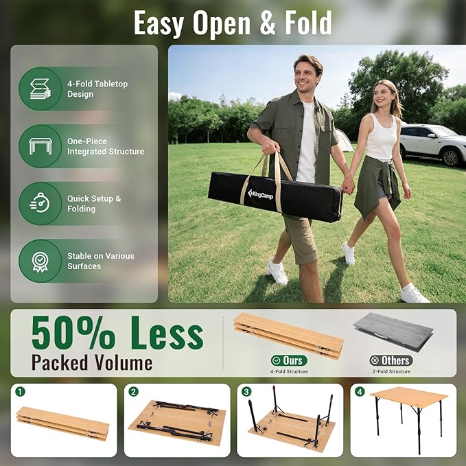 KingCamp 4-Fold Bamboo Camping Table with Serrated Adjustable Legs (16.5 to 27.6) Heavy-Duty Aluminum Frame &amp Carry Bag for Outdoor RV Picnic Beach
