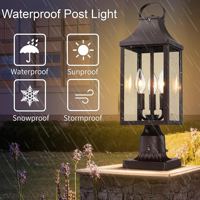 18.62'' Dusk to Dawn Post Light Outdoor Large 3-Light Lamp Post Light Fixture Modern Pillar Outside Lighting Waterproof Post Lantern Lamp Outdoor Post Light Fixtures Pole Lights for Porch Brown