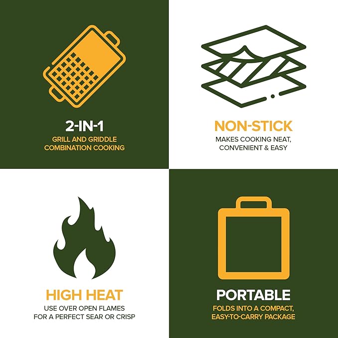 Carbon Steel Foldable Campfire Grill – Portable Grill Grate &amp Griddle with Large Non-Stick Surface Sturdy Fold-Out Legs Compact for Storage Use Over Fire Pit