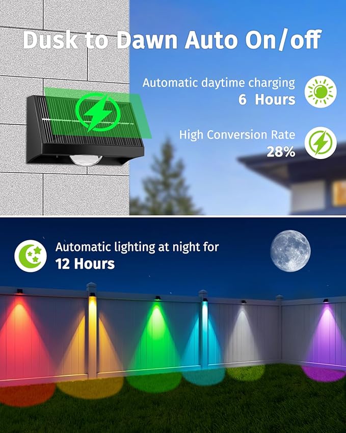 Solar Fence Lights Outdoor Waterproof High Brightness LED Spot Lens Deck Lights 7 Mode Warm &amp Cool White RGB Solar Powered Wall Lighting Decor for Outside Patio Step Backyard Railing Pool - 8 Pack