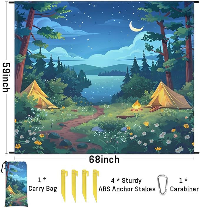 Waterproof Sandproof Beach Blanket 59''×68'' Scenery Camping Polyester Outdoor Picnic Blanket with 4 Stakes &amp Storage Bag for BeachCampingVacation Green