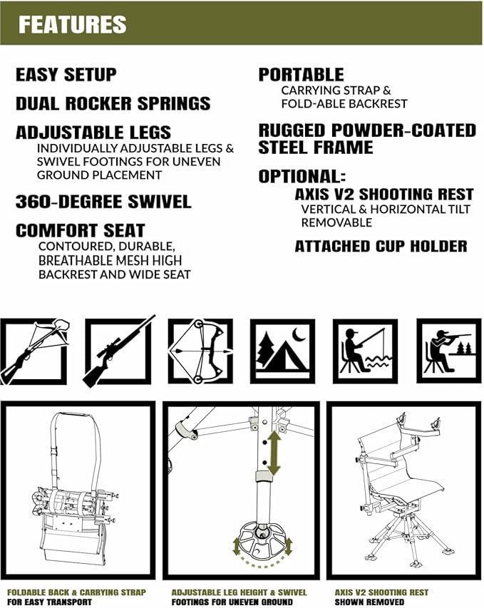 NEXCAM® AXIS RG 360 Explorer. Rocking Chair. Dual-axis Swivel and Tilting Chair. Camp. Fish. Hunt. Patent Pending