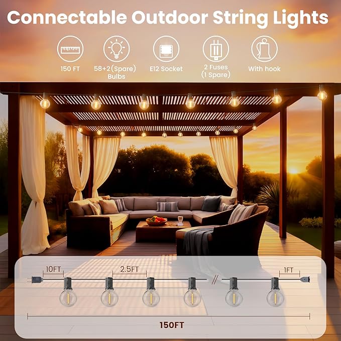 RTTY Outdoor String Lights 150ft G40 Led Patio Globe Lights with 60pcs Plastic Bulbs Shatterproof Waterproof Connectable Hanging for Porch Cafe Bistro Backyard Gazebo Balcony Deck Party
