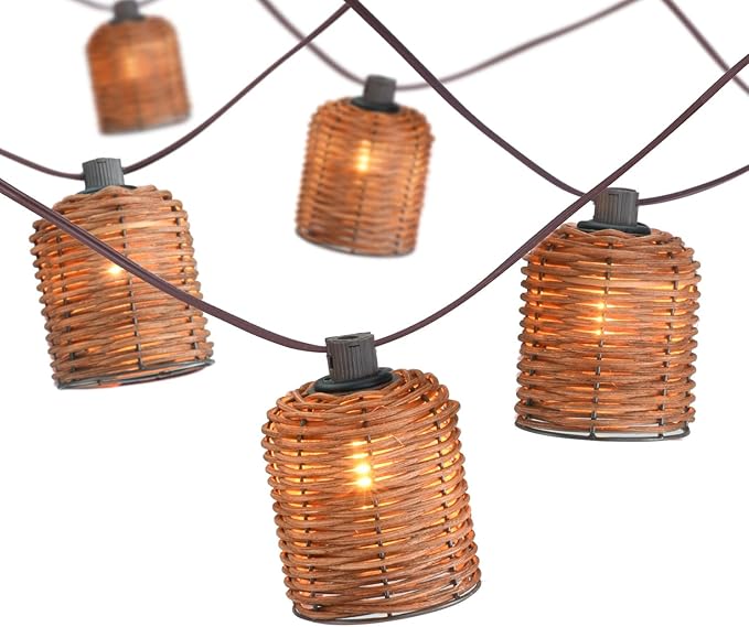 Natural Rattan String Lights 10 Rustic Raffia Cage 13 Ft Plug in &amp Connectable Wicker LightsOven Brown Rattan