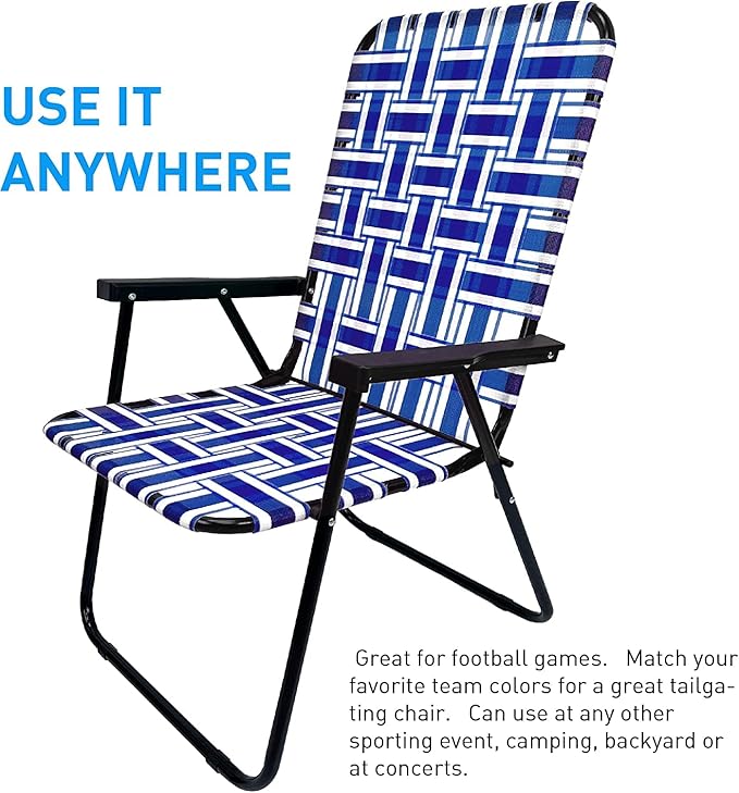 Lawn Chair Folding Steel Webbing Chaise Patio Lounger Seat Wood Handles Great for Camping Beach Fishing Backyard Stadium Pool Boating and Sports 4 Pack Blue