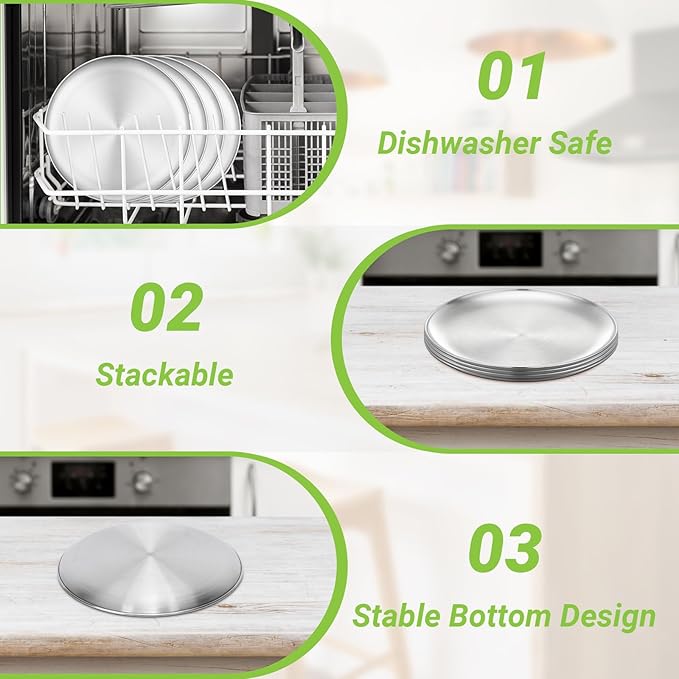 Metal Dinner Plate 10 Pack 10.2 inch Large 201 Stainless Steel Plates Reusable Lunch Salad Pizza Food Serving Snack Eating Dishes Round Brushed Finish Silver Sturdy Dish Oven Dishwasher Safe