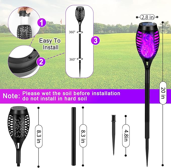 Solar Lights Outdoor Upgraded 12 Pack Purple Solar Torch Light with Flickering Flame Waterproof for Garden Decor Flame Torches for Outside Landscape Porch Yard Pathway Decorations