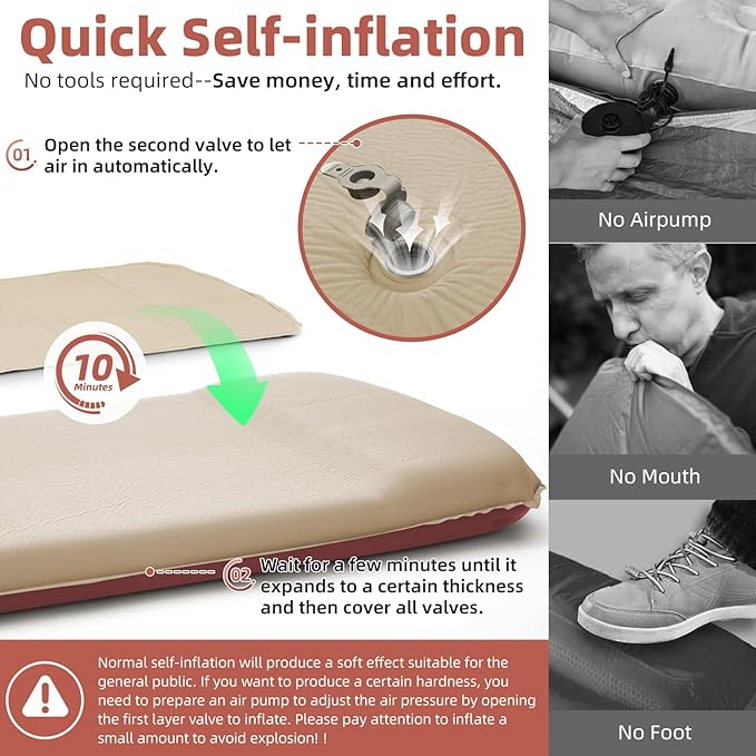 INVOKER 3.15 Self-Inflating Camping Sleeping Pad Ultra-Thick Foam Fast Inflating Camping Mat Air Mattress with Pillow 4-Season Insulated for Tent Car Camping Travel Khaki with Pink-Orange