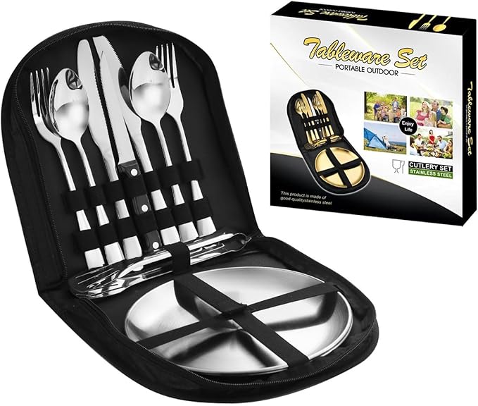 Camping Mess Kits with Portable Case Stainless Steel Outdoor Picnic Dinnerware Set with Plate Spoon Fork Knife Cloth Napkins