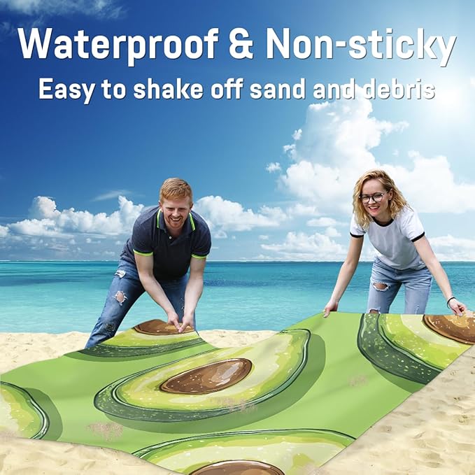 Waterproof Sandproof Beach Blanket 59''×68'' Fruit Avocados Polyester Outdoor Picnic Blanket with 4 Stakes &amp Storage Bag for BeachCampingVacation Green