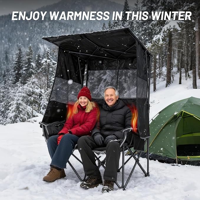 Nice C Heated Double Camping Chair with Canopy Heated Outdoor Sports Folding Chair with Battery Portable Padded Umbrella Chairs with Shade Cup Holder Cooler Bag Loveseat for Lawn Outdoors