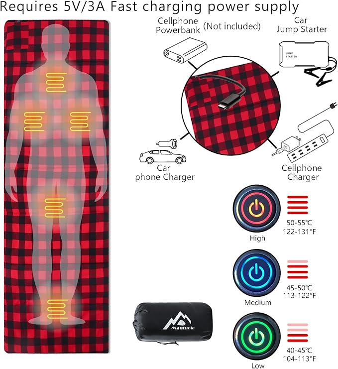 Heated Sleeping Bag pad Heated Sleeping Bag Liner 5 Heating Zones Operated by 5V/3A Type-C Battery Power Bank (Battery NOT Included) or Other Type-C Power Supply. Type-C.