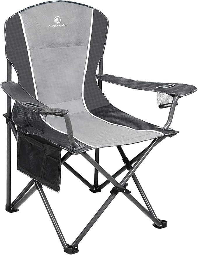 ALPHA CAMP Oversized Camping Folding Chair - Heavy Duty Steel Frame Support 350 LBS Collapsible Padded Arm With Cup Holder Quad Lumbar Back Portable for Outdoor/Indoor