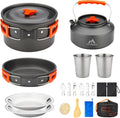 17pcs Camping Cookware Kit 0.45Gal Pot 7inches Pan0.30Gal Kettle Set with 2 Set Stainless Steel Cups Plates Forks Knives Spoons for Hiking