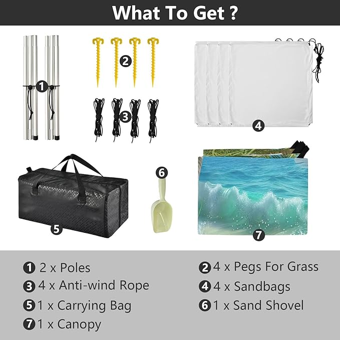 Beautiful Beach Scene Beach Tent Sun Shelter 9.2' x 10.5' Beach Canopy with 4 Sandbags 4 Stability Poles Sand Shovels - Tent Canopy for Beach Camping Fishing Picnics