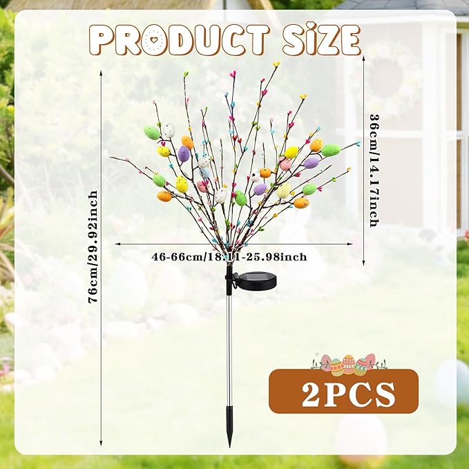 2 Pack Solar Easter Egg Lights Outdoor 96 LED Waterproof Solar Easter Yard Decorations Outdoor Easters Yard Stakes Lights with 2 Lighting Modes for Outside Lawn Walkway Patio Cemetery Grave
