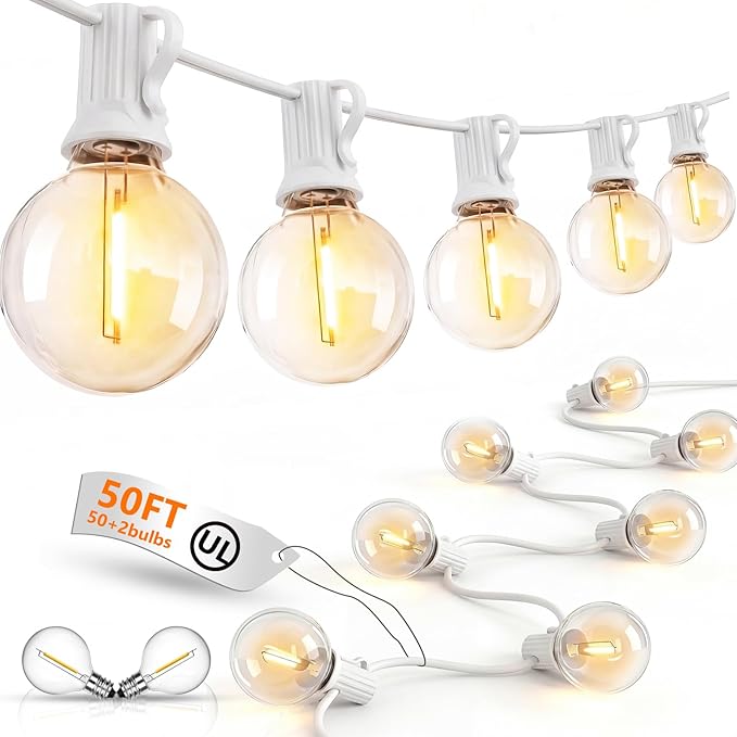 Goothy 50Ft Outdoor LED String Lights with 52 Shatterproof G40 LED Clear Globe Bulbs Edison Vintage Bulbs E12 Base Hanging Sockets Decorative Lighting for Café Patio Porch Party Yard Christmas-White