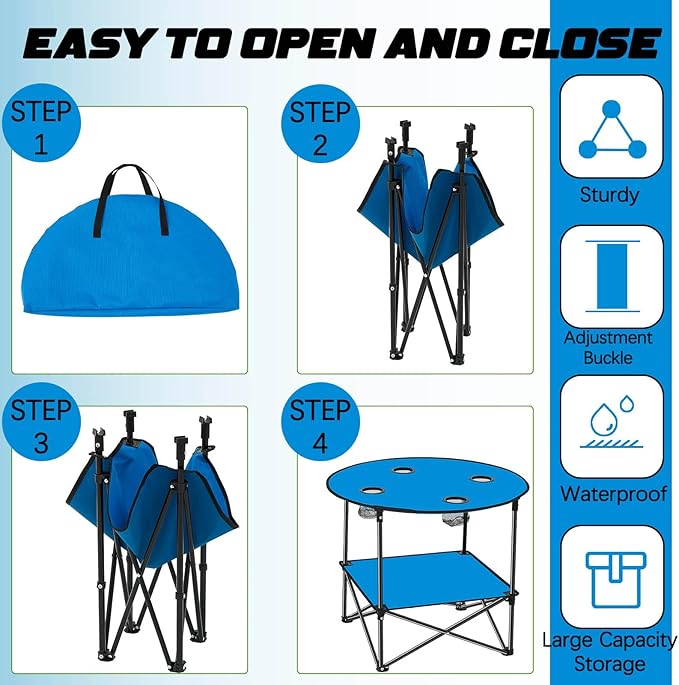 Soaoo 2 Pcs Folding Camping Table with 4 Mesh Cupholders 2 Tier Portable Folding Table Round Lightweight Fabric Compact Carrying Case Beach Table for Summer Outdoor Tailgating Fishing Hiking