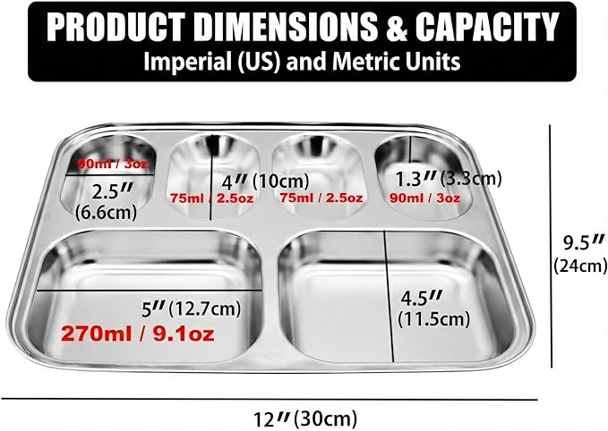 Korean Stainless Steel Divided Plates for Kids Adults Students Premium 304 Electro-Polished No Black Residue BPA-Free 6-Compartment Food Tray Picky Eaters Diet Portion Control Set of 2