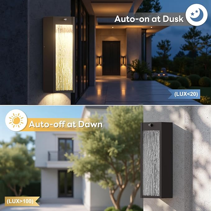 Dusk to Dawn LED Outdoor Wall Light 2 Pack Bronze 15in Exterior Waterproof Porch Sconces Large Modern Water Rippleed Outdoor Lighting Wall Mounted Outside Lantern for Garage Front Door