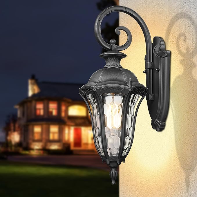 Outdoor Lights Fixtures Wall Mount Outdoor Sconce Lighting Anti-Rust Exterior Porch Light Waterproof Aluminum Outside Lamp with Water Ripple Glass for Home Garden Patio Garage