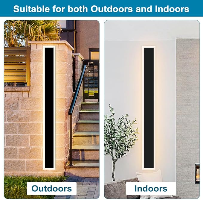 2-Pack 48inch Modern Outdoor LED Long Wall Light Fixture Exterior Wall Sconce Long Strip Wall Lamps IP65 Waterproof 36W 3200LM Black 3000K/4000K/5000K Adjustable Dimmable ETL